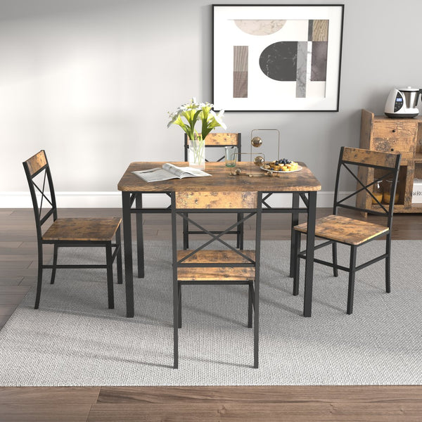 English Elm Dining Table Set for 4 Rustic MDF & Steel I-Frame | Compact Black+Brown Dining Set, Easy Clean, Cozy Comfort W2129P309909