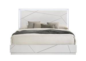 English Elm Esther Queen Bed White & Silver High Gloss MDF w/LED Headboard, Embossed Lines, 660lb Capacity B2726S00548