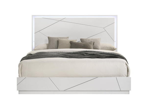 English Elm Esther Queen Bed White & Silver High Gloss MDF w/LED Headboard, Embossed Lines, 660lb Capacity B2726S00548