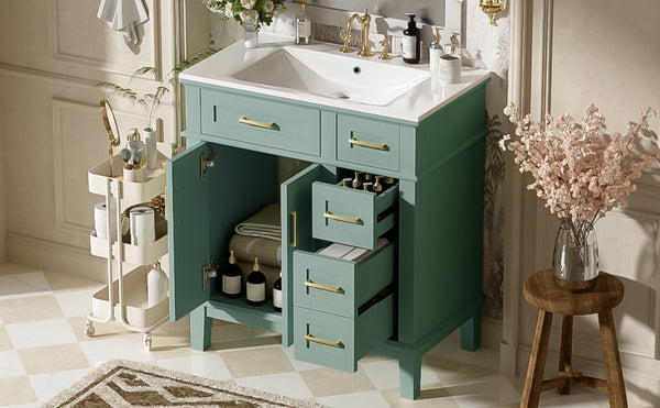 English Elm 30" Freestanding Bathroom Vanity Ceramic Sink Soft Close Cabinet Gray Wood Frame Light Green N729P427118F