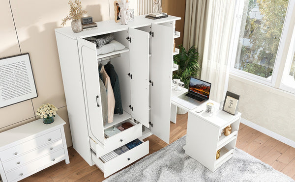 English Elm Multifunctional Wardrobe Cabinet with Fold Out Desk Hanging Rod and Storage Drawers Light White W1580S00475