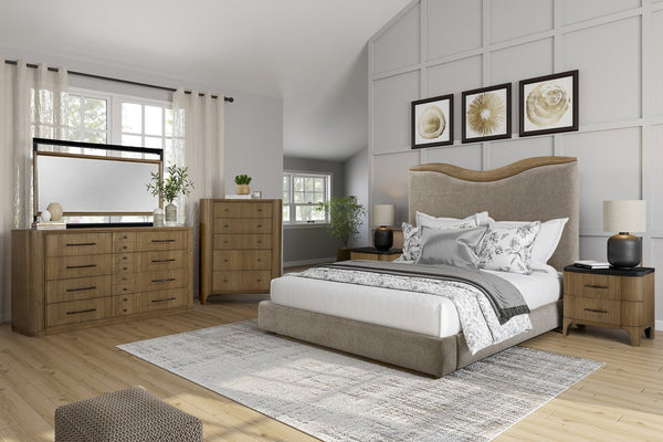 English Elm Upholstered Plush Queen Bed with Padded Headboard and Platform Base, 100% Polyester Luxury Finish Beige 88.25 L x 58.25 W x 8.25 H B2699S00102