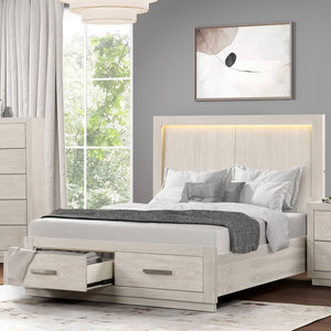 English Elm Transitional Queen Storage Bed Led Headboard Acacia Wood Light Grey Bedroom B2741S00860