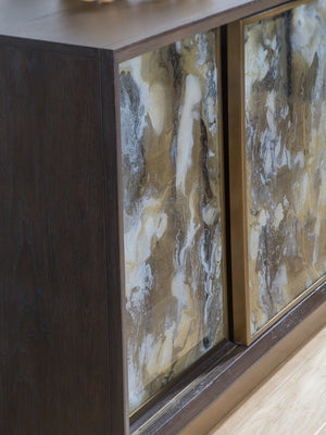 Lexington Artistica Home Verbatim Media Console - Vintage Modern Design In Wire-brushed White Oak With Antiqued Brass Accents Dark Brown Wood 2170-910