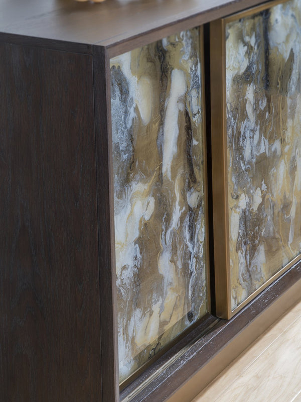 Lexington Artistica Home Verbatim Media Console - Vintage Modern Design In Wire-brushed White Oak With Antiqued Brass Accents Dark Brown Wood 2170-910