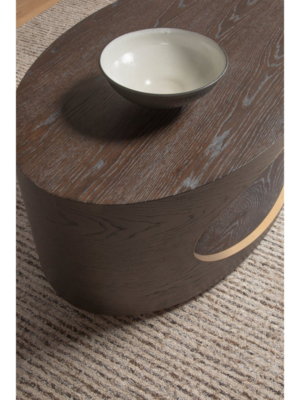 Lexington Artistica Home Verbatim Vintage Modern Oval Cocktail Table With White Oak Veneers And Antiqued Brass Accents Dark Brown Wood 2170-949