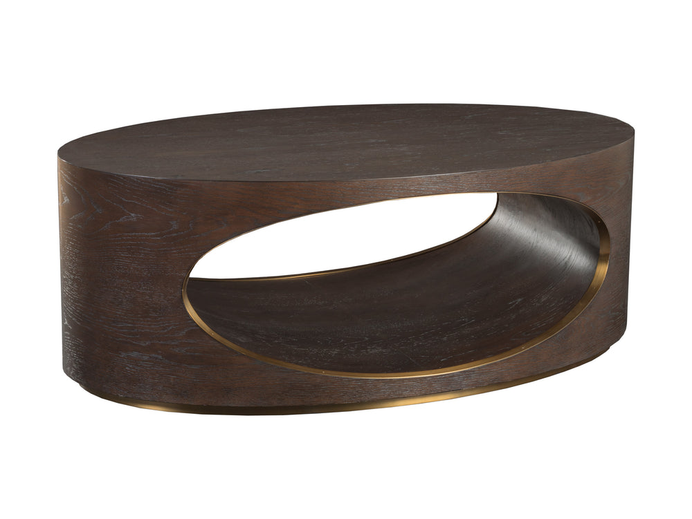 Lexington Artistica Home Verbatim Vintage Modern Oval Cocktail Table With White Oak Veneers And Antiqued Brass Accents Dark Brown Wood 2170-949