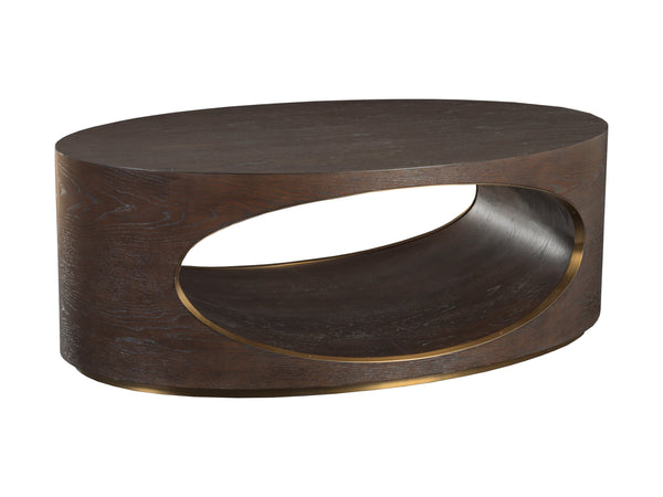 Lexington Artistica Home Verbatim Vintage Modern Oval Cocktail Table With White Oak Veneers And Antiqued Brass Accents Dark Brown Wood 2170-949