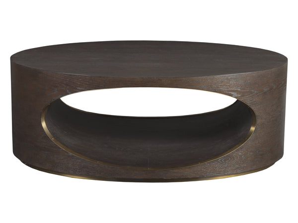 Lexington Artistica Home Verbatim Vintage Modern Oval Cocktail Table With White Oak Veneers And Antiqued Brass Accents Dark Brown Wood 2170-949