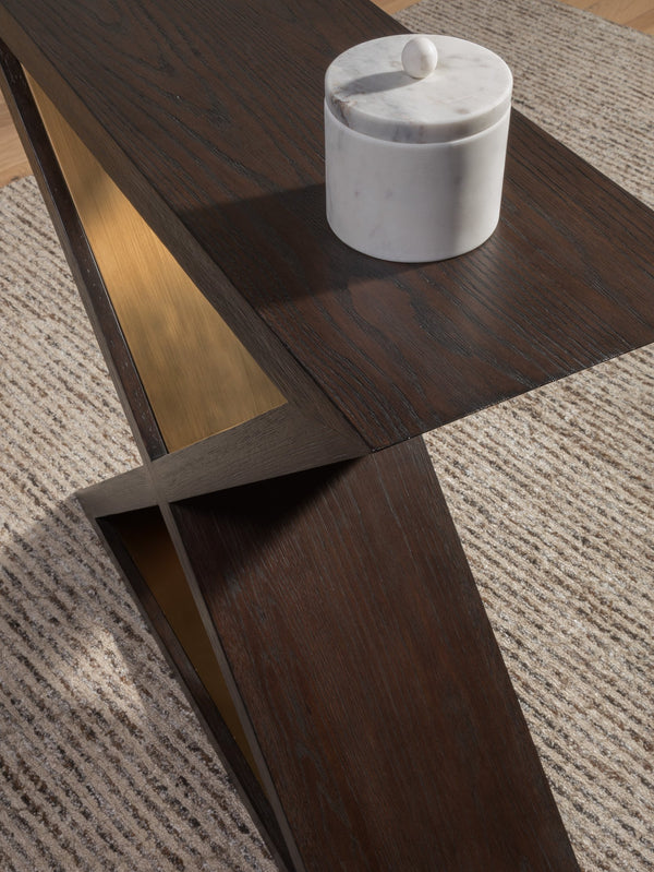 Lexington Artistica Home Verbatim X Console Table - Vintage Modern White Oak Design With Antiqued Brass Accents And Plinth Base Dark Brown Wood 2170-966