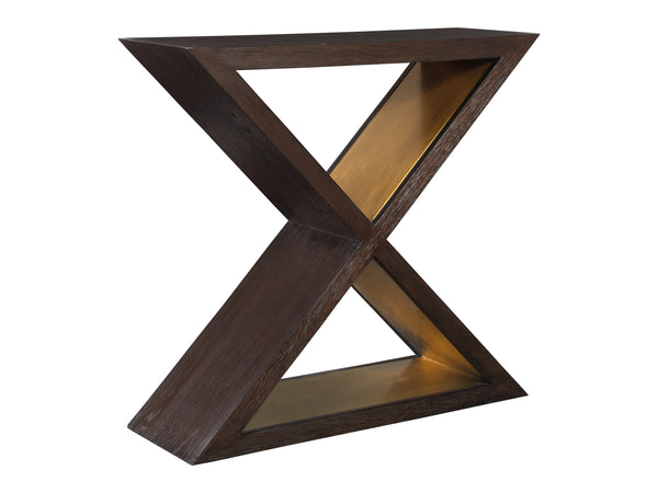 Lexington Artistica Home Verbatim X Console Table - Vintage Modern White Oak Design With Antiqued Brass Accents And Plinth Base Dark Brown Wood 2170-966