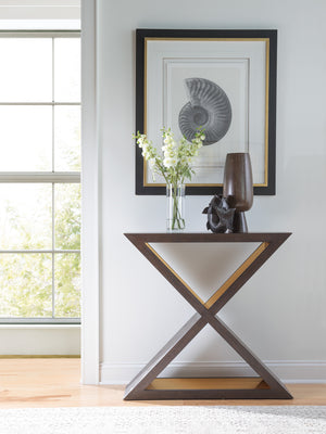 Lexington Artistica Home Verbatim X Console Table - Vintage Modern White Oak Design With Antiqued Brass Accents And Plinth Base Dark Brown Wood 2170-966