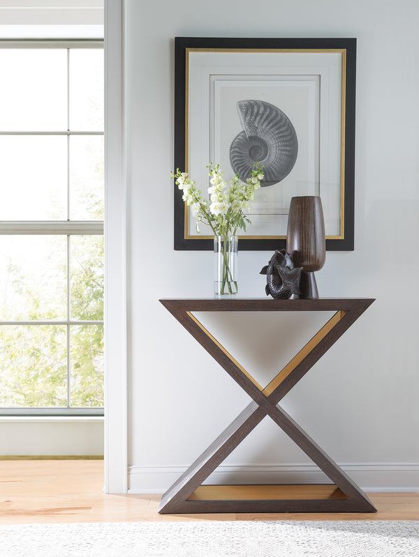 Lexington Artistica Home Verbatim X Console Table - Vintage Modern White Oak Design With Antiqued Brass Accents And Plinth Base Dark Brown Wood 2170-966