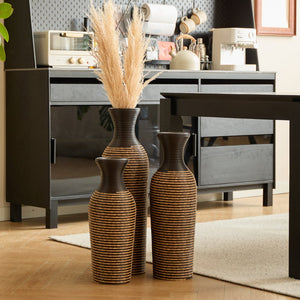 English Elm 3-piece modern PVC floor vase set with tall standalone racks for artificial branches and decor accents Beige+Black W2796P261501