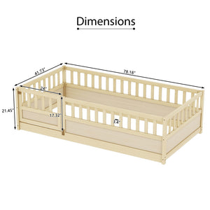 English Elm Twin Size Montessori Floor Bed With High Security Barrier & Child-Friendly Door - Natural Wood W1858P195272-GIGA