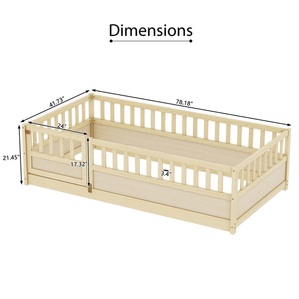 English Elm Twin Size Montessori Floor Bed With High Security Barrier & Child-Friendly Door - Natural Wood W1858P195272-GIGA