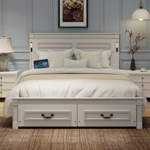 English Elm Queen Farmhouse Pinewood Storage Bed with Led Lighting Usb Charging and Panel Headboard White W504P391013