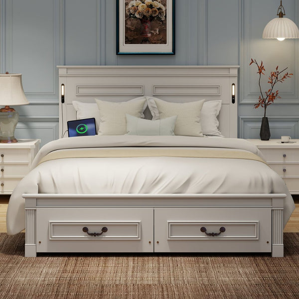 English Elm Queen Farmhouse Pinewood Storage Bed with Led Lighting Usb Charging and Panel Headboard White W504P391013