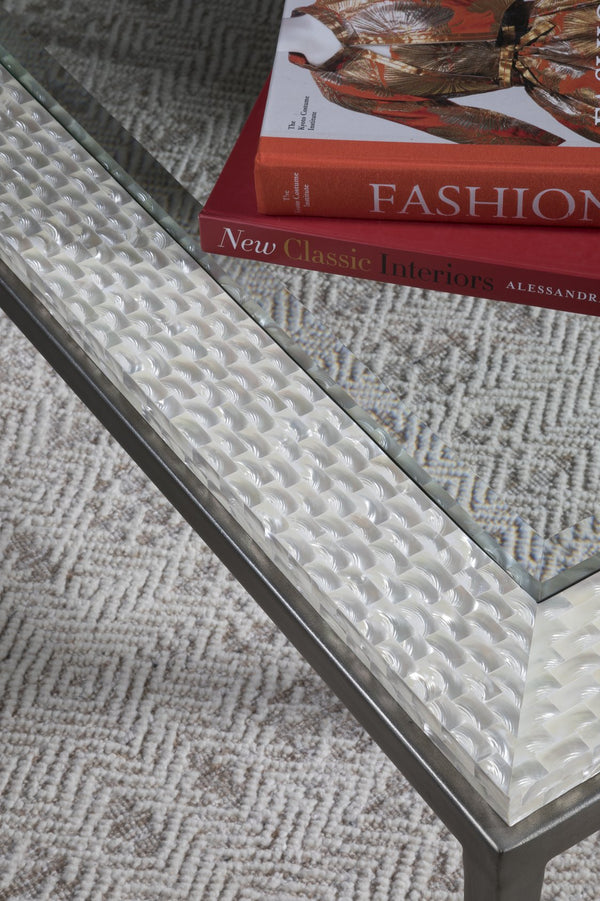 Lexington Artistica Home Brilliante Small Cocktail Table – Elegant Hand-hammered Iron With Troca Shell Top & Glass Inlay Silver Foil Wood 2173-949c