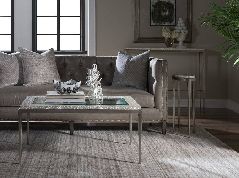 Lexington Artistica Home Brilliante Small Cocktail Table – Elegant Hand-hammered Iron With Troca Shell Top & Glass Inlay Silver Foil Wood 2173-949c