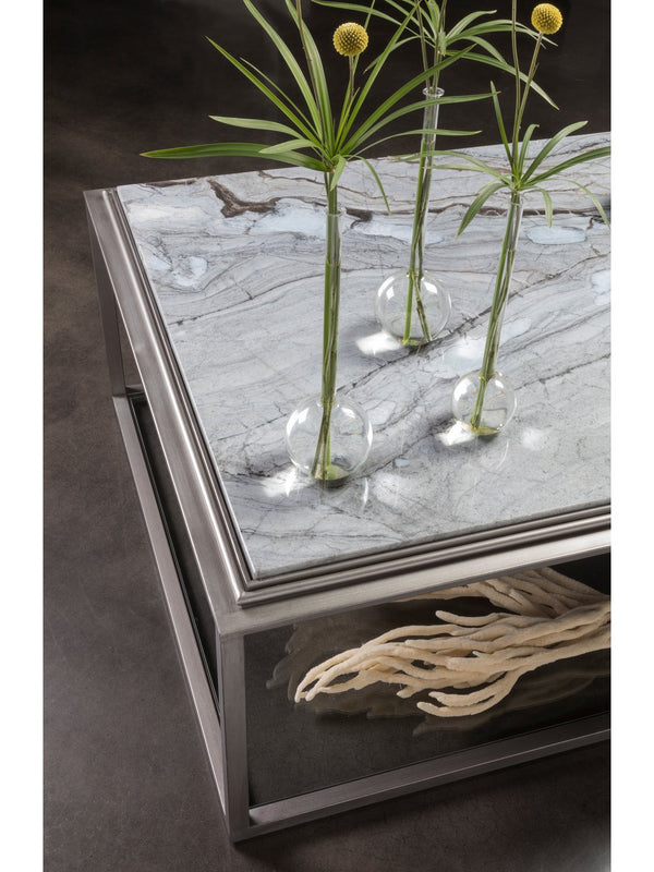 Lexington Artistica Home Treville Stunning Blue Forest Marble Cocktail Table With Silver Leaf Base And Elegant Glass Shelf Silver Leaf Wood 2174-945