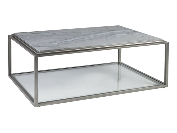 Lexington Artistica Home Treville Stunning Blue Forest Marble Cocktail Table With Silver Leaf Base And Elegant Glass Shelf Silver Leaf Wood 2174-945