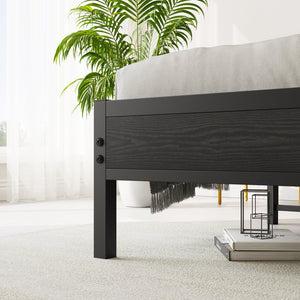 English Elm Full Size Bed Frame with Storage Headboard & Charging Station, Upholstered Gray Cotton Flax, 400lb Stable Platform W840P179122