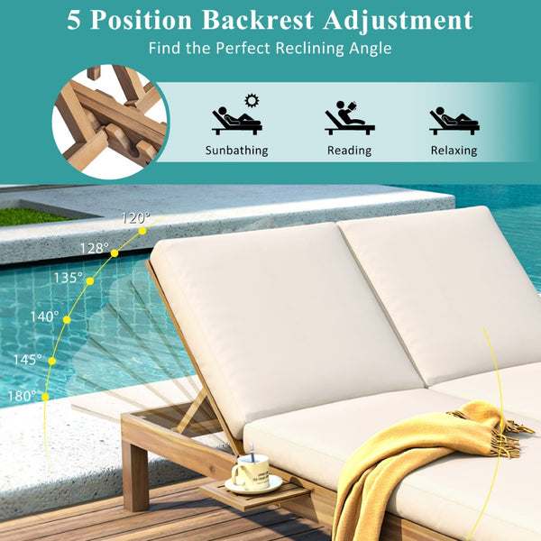 English Elm Trexm Acacia Wood Double Chaise Lounge Outdoor with Folding Trays and Foam Cushions TM000015AAD