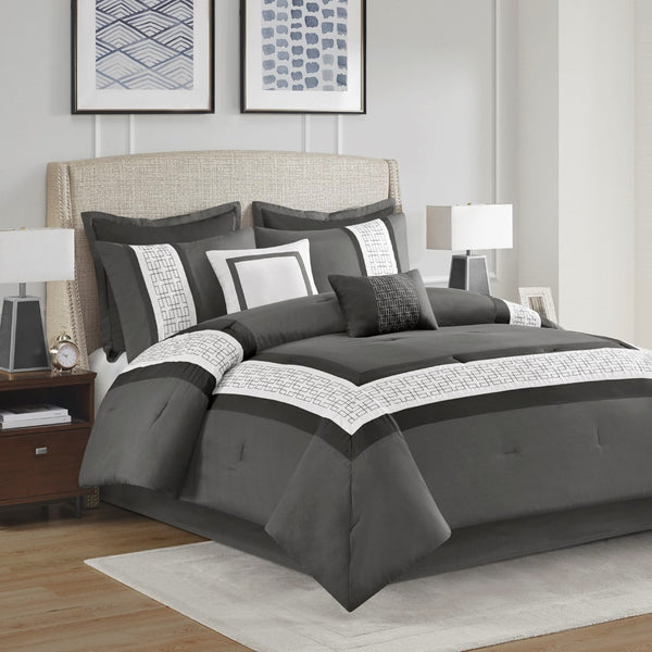 English Elm 8 Piece Embroidered Comforter Set In Dark Grey - Elegant Hotel-Style Queen Bedding For Modern Retreat B035P266658