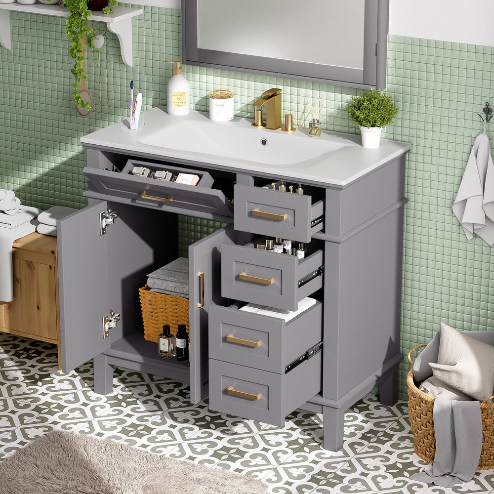 English Elm 36" Gray Modern Bathroom Vanity with Ceramic Sink, Solid Wood Frame, Soft-Close Doors & 4 Drawers N729P253935E