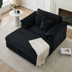 English Elm 47.24-inch corduroy armchair with storage ottoman and USB ports, spring seat, solid wood frame lounge Black W3356S00023