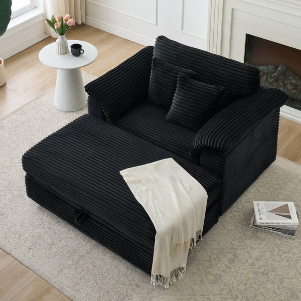 English Elm 47.24-inch corduroy armchair with storage ottoman and USB ports, spring seat, solid wood frame lounge Black W3356S00023