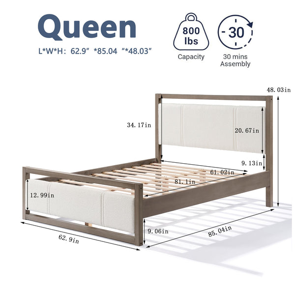 English Elm Christopher Knight Home® - Queen Platform Bed with Ivory Boucle Headboard, Light Grey Wood Frame, Solid Slats & Underbed Storage N758D800809D