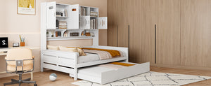English Elm Full Size Wooden Daybed With Twin Trundle, Integrated Storage Cabinet & Stylish White Finish N820S00027K