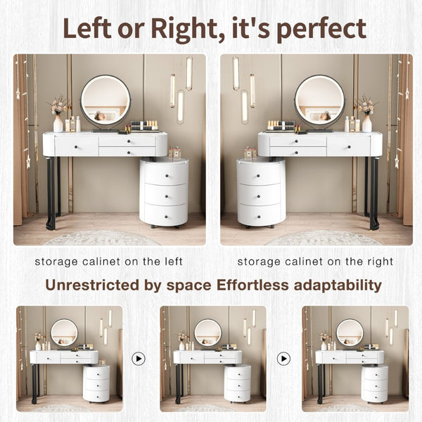 English Elm Modern Minimalist Vanity with Lighted Mirror Three Drawers and Cylindrical Side Cabinet W3767S00005