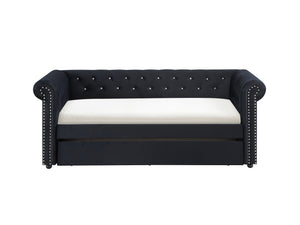 English Elm Luxurious Tufted Daybed with Nailhead Trim and Built-In Trundle — Elegant Rolled Arms, Plush Fabric Comfort Black 41.88 L x 16 W x 6.25 H B011S01634