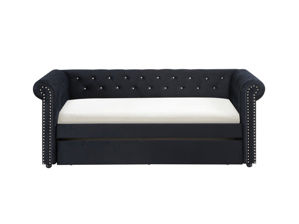 English Elm Luxurious Tufted Daybed with Nailhead Trim and Built-In Trundle — Elegant Rolled Arms, Plush Fabric Comfort Black 41.88 L x 16 W x 6.25 H B011S01634