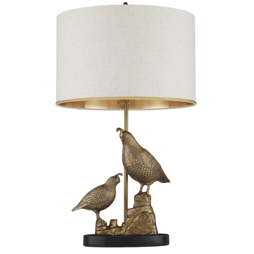 Codorniz Brass Table Lamp - Elegant Quail-Inspired Design with Natural Linen Shade & Black Marble Base