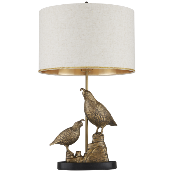 Codorniz Brass Table Lamp - Elegant Quail-Inspired Design with Natural Linen Shade & Black Marble Base