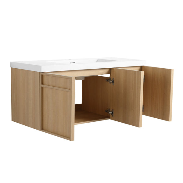 English Elm 48" 54.3" Wall-Mounted Bathroom Vanity with Resin Sink, Original Oak Finish, 3 Soft-Closing Doors, Plywood Construction W1972P315216