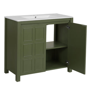 English Elm 36" Bathroom Vanity Organizer with Ceramic Sink, Solid Wood Distressed Finish, Hand-Painted Charm and Ample Storage Olive Green N729P255666F