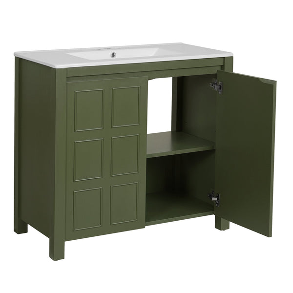 English Elm 36" Bathroom Vanity Organizer with Ceramic Sink, Solid Wood Distressed Finish, Hand-Painted Charm and Ample Storage Olive Green N729P255666F