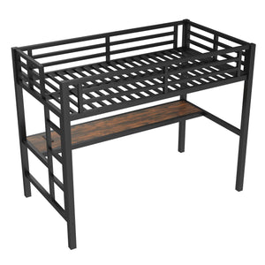 English Elm Metal Twin Loft Bed With Integrated Desk, Power Outlet, Led Lights - Space-Saving Design In Black W1580P372863