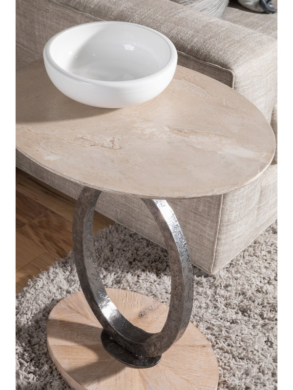 Lexington Artistica Home Clement Oval Drinks Table - Unique Scagliola Stone Top With Rustic White Oak And Iron Base Design Antique Aged White Wood 2179-952