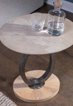 Lexington Artistica Home Clement Oval Drinks Table - Unique Scagliola Stone Top With Rustic White Oak And Iron Base Design Antique Aged White Wood 2179-952