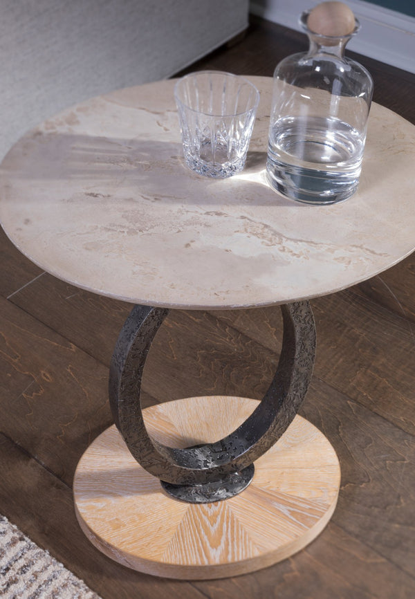 Lexington Artistica Home Clement Oval Drinks Table - Unique Scagliola Stone Top With Rustic White Oak And Iron Base Design Antique Aged White Wood 2179-952