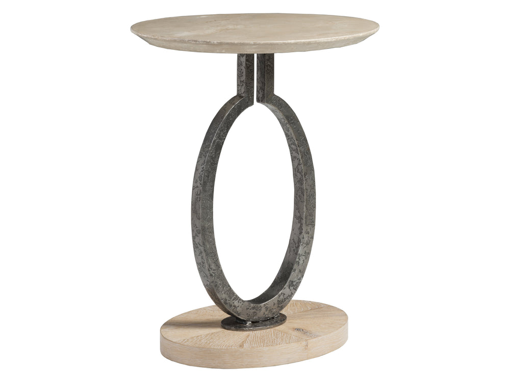 Lexington Artistica Home Clement Oval Drinks Table - Unique Scagliola Stone Top With Rustic White Oak And Iron Base Design Antique Aged White Wood 2179-952