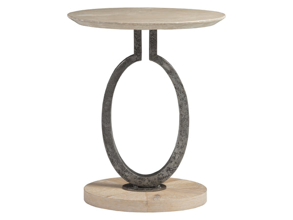 Lexington Artistica Home Clement Oval Drinks Table - Unique Scagliola Stone Top With Rustic White Oak And Iron Base Design Antique Aged White Wood 2179-952