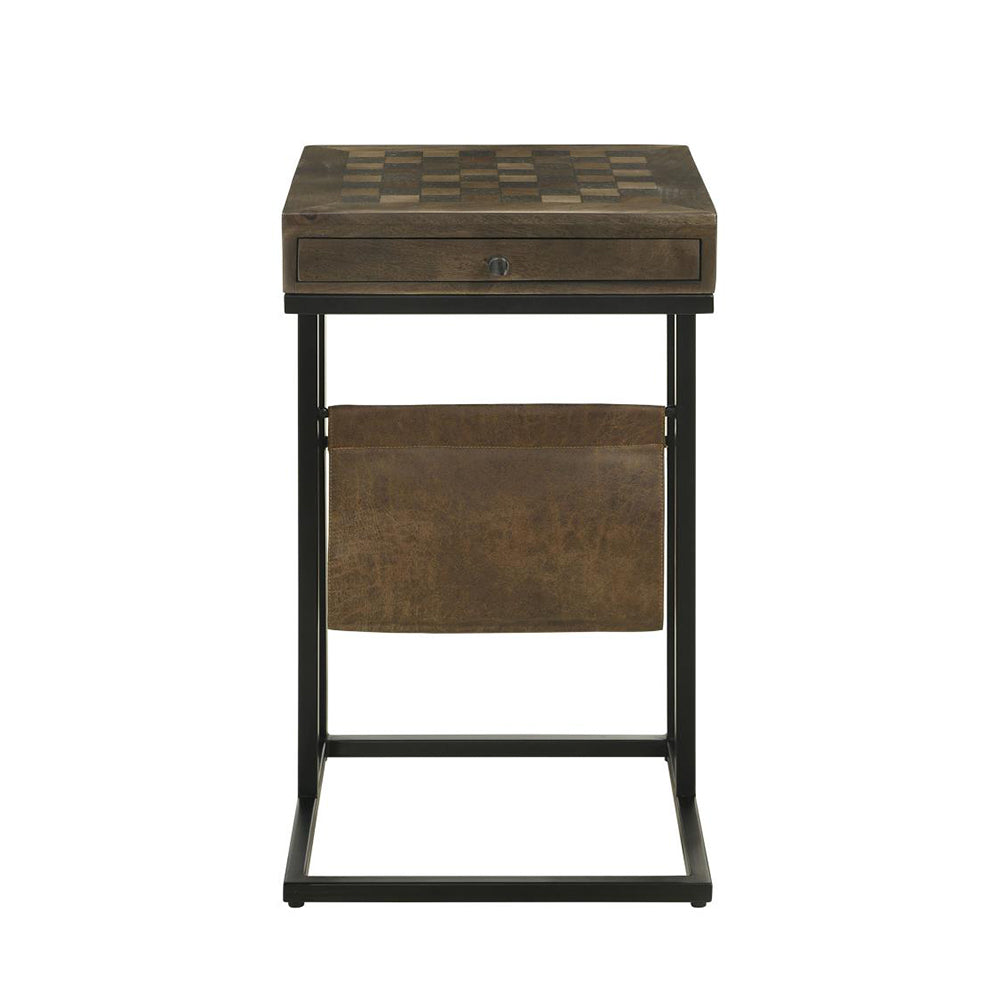 English Elm 1 Drawer Side Table with Leatherette Sling Tobacco Rustic Chessboard Top, Iron Frame, Drawer Storage B016P384808