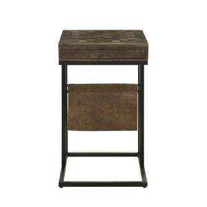 English Elm 1 Drawer Side Table with Leatherette Sling Tobacco Rustic Chessboard Top, Iron Frame, Drawer Storage B016P384808